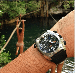 Instagram's @wristi displaying his watch, with ziplining woman in background. @wristi, instagram user, displaying a watch in front of ziplining woman.