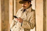 Man With Moustache In Vintage Fedora & Trench Coat Man With Moustache In Vintage Fedora & Trench Coat